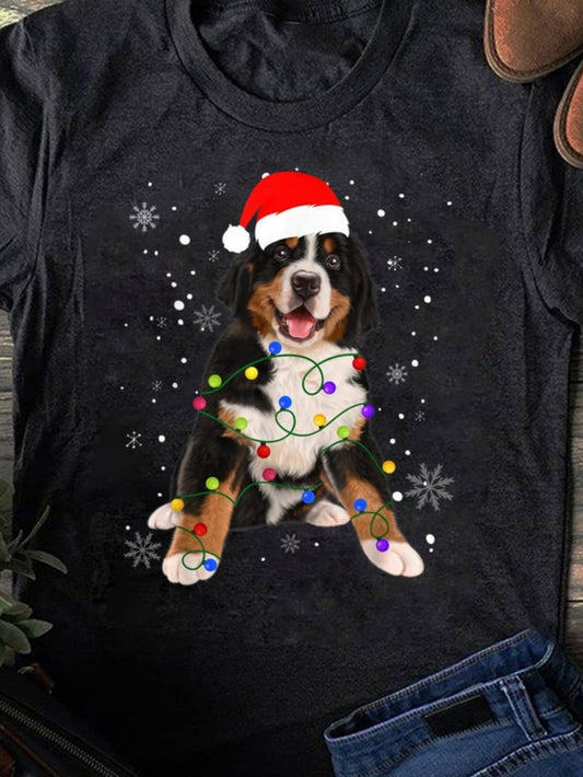 Women's Graphic T-Shirt Playful Christmas Lights With Snowflakes And Festive Santa Hat Dog