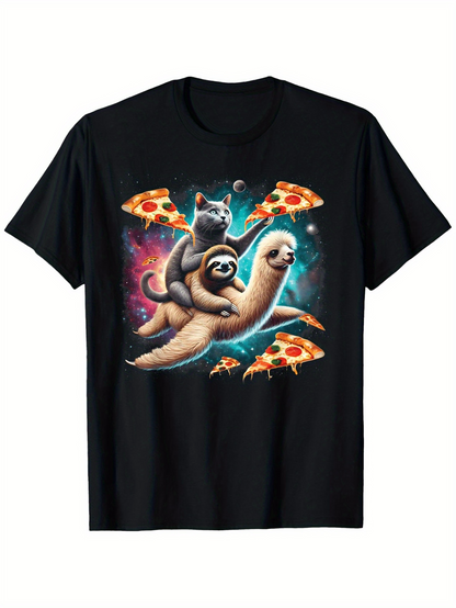 Men's Graphic T-Shirt Cosmic Adventure With Cat And Sloth Riding Through Pizza Slices Space