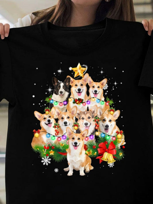 Women's Graphic T-Shirt Festive Christmas Garland With Colorful Stars And Playful Corgi Dogs
