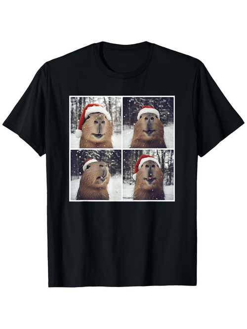 Men's Graphic T-Shirt Snowy Winter Forest With Funny Capybara Wearing Santa Hat