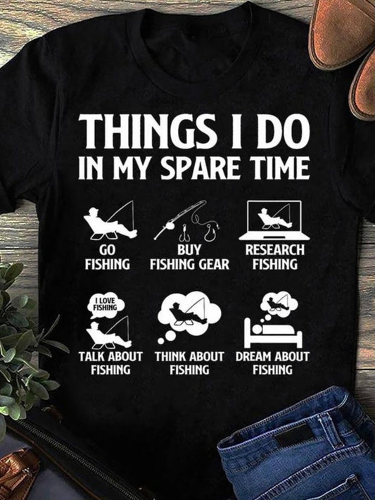 Women's Graphic T-Shirt Things I Do In My Spare Time Fishing Activities Icons With Playful Fishing Gear Theme