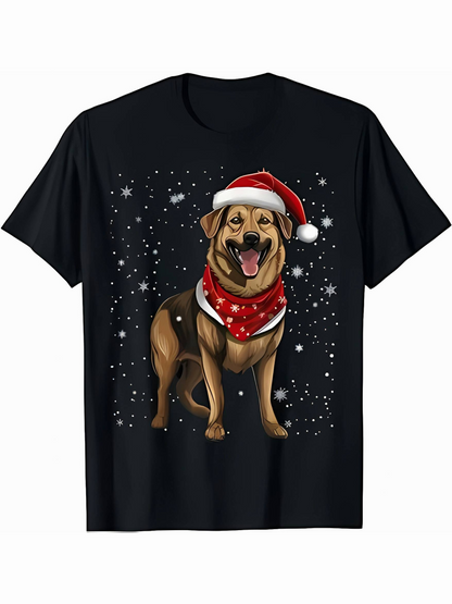 Men's Graphic T-Shirt Festive Holiday Snow With Cheerful Smiling Dog Wearing Santa Hat