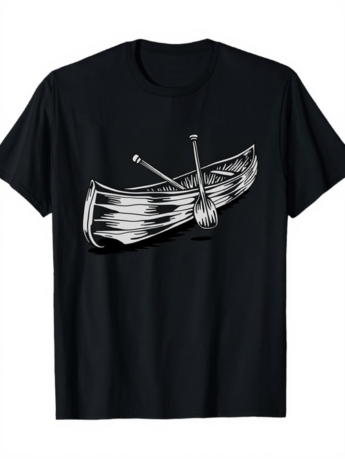 Men's Graphic T-Shirt Vintage Hand Drawn Wooden Boat Crossing Oars Design Canoe