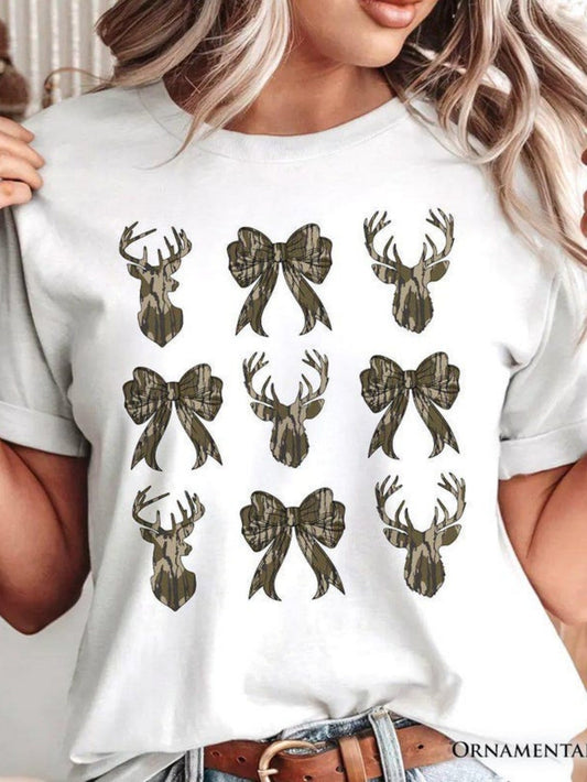 Women's Graphic T-Shirt Camouflage Patterned Bows With Stag Heads Arranged In Symmetry