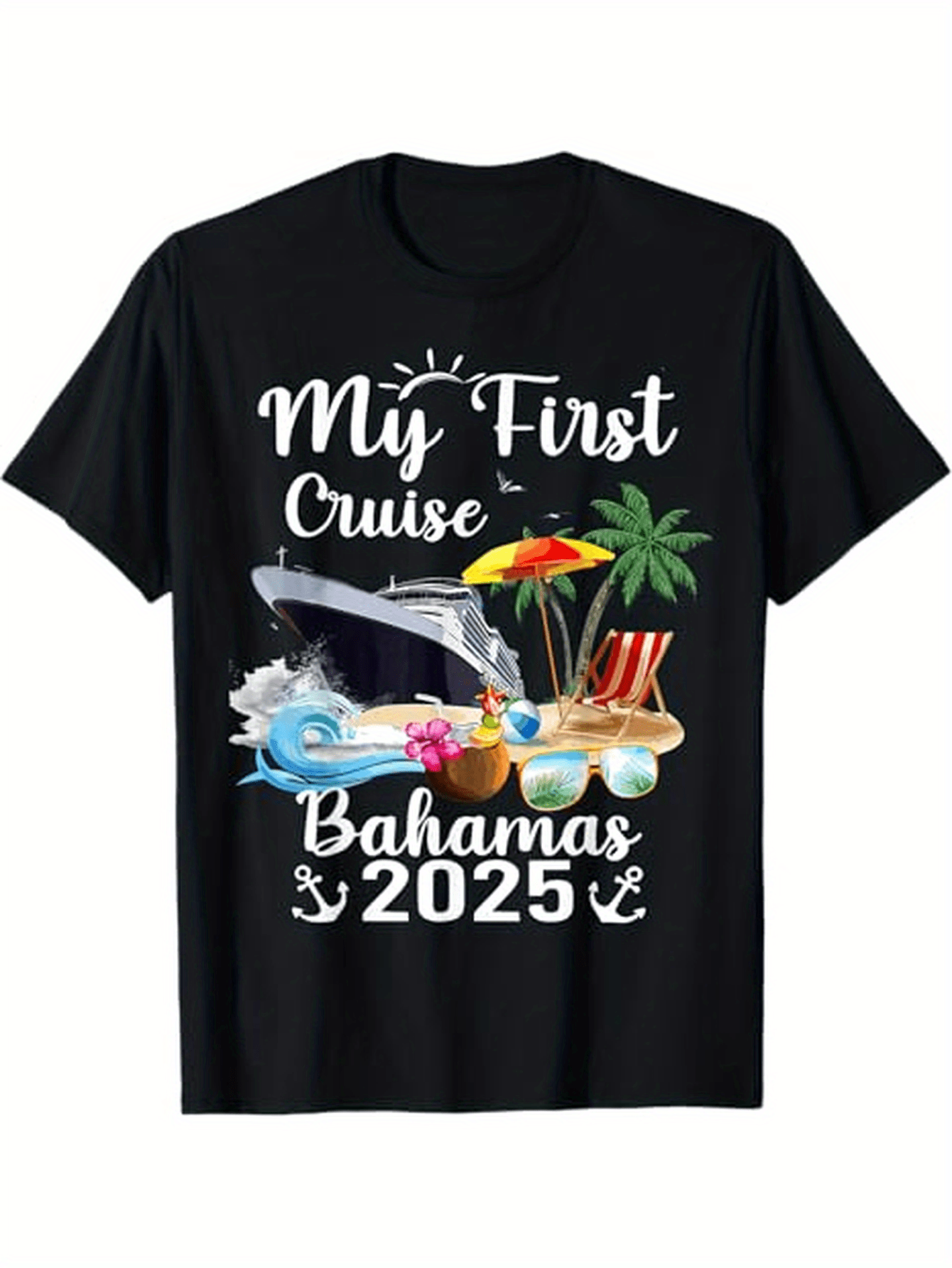 Men's Graphic T-Shirt My First Cruise Tropical Vacation With Palm Trees Wave And Cruise Ship
