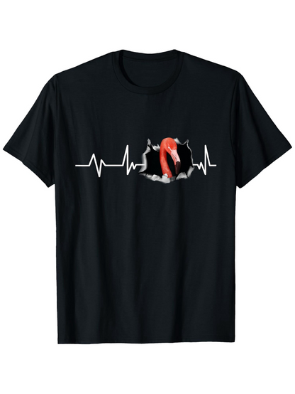 Men's Graphic T-Shirt Heartbeat Line With Pink Flamingo Emerging Through Black Background