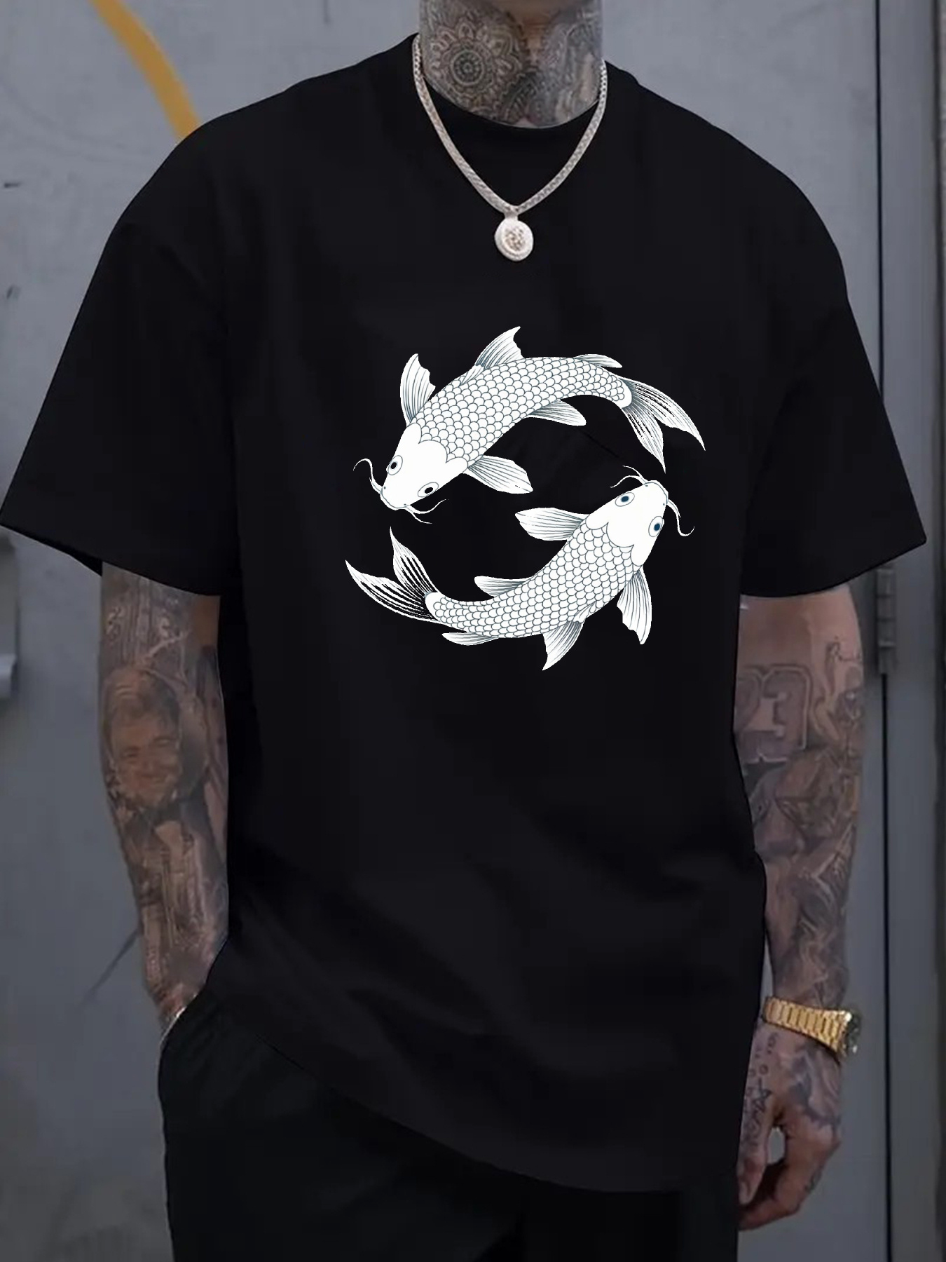 Men's Graphic T-Shirt Artistic Scales White Koi Fishes Swimming In Tranquil Motion Under Dark Waters