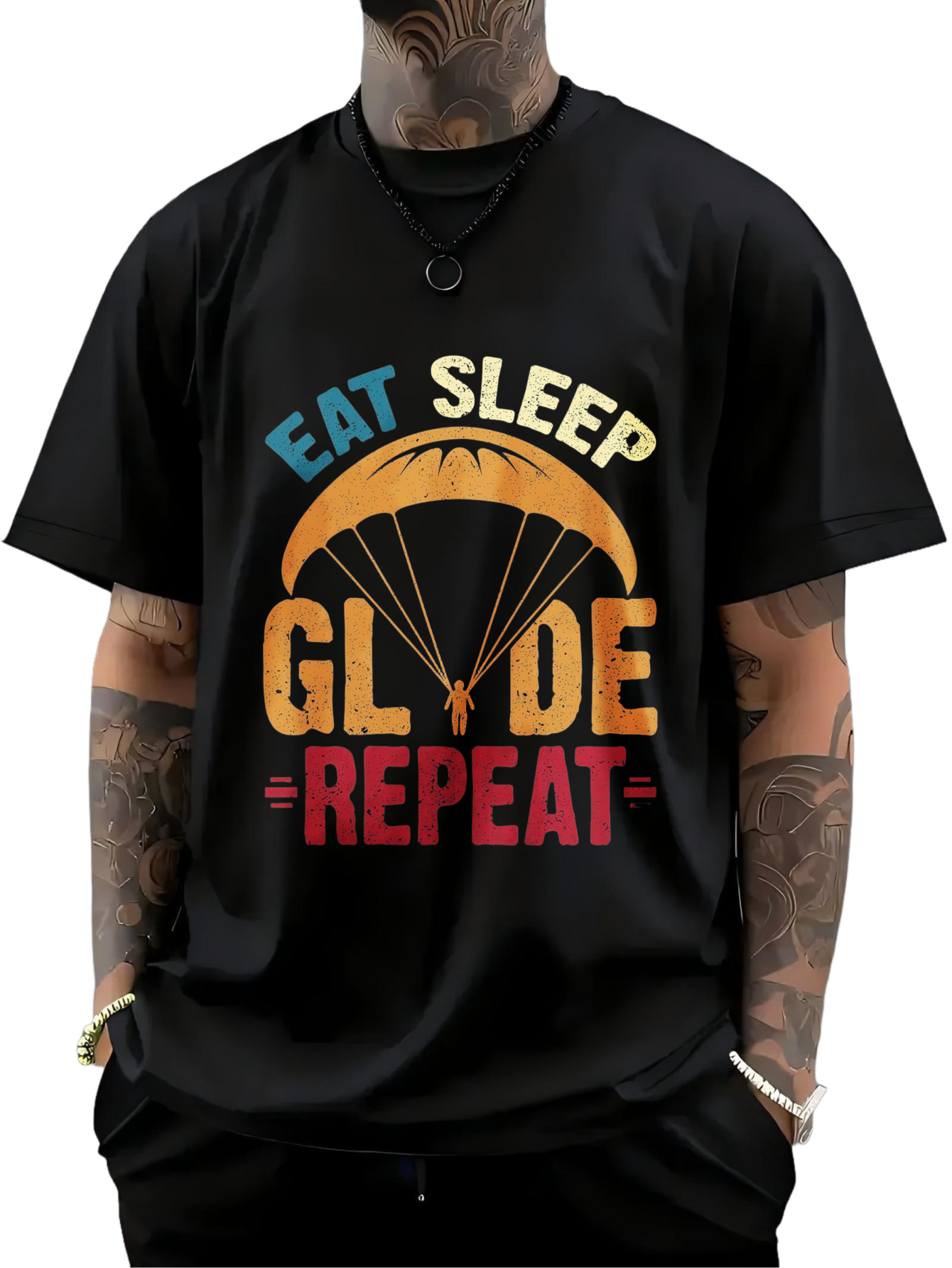 Men's Graphic T-Shirt Eat Sleep Glide Repeat With Vibrant Parachute Under Retro Sunlight