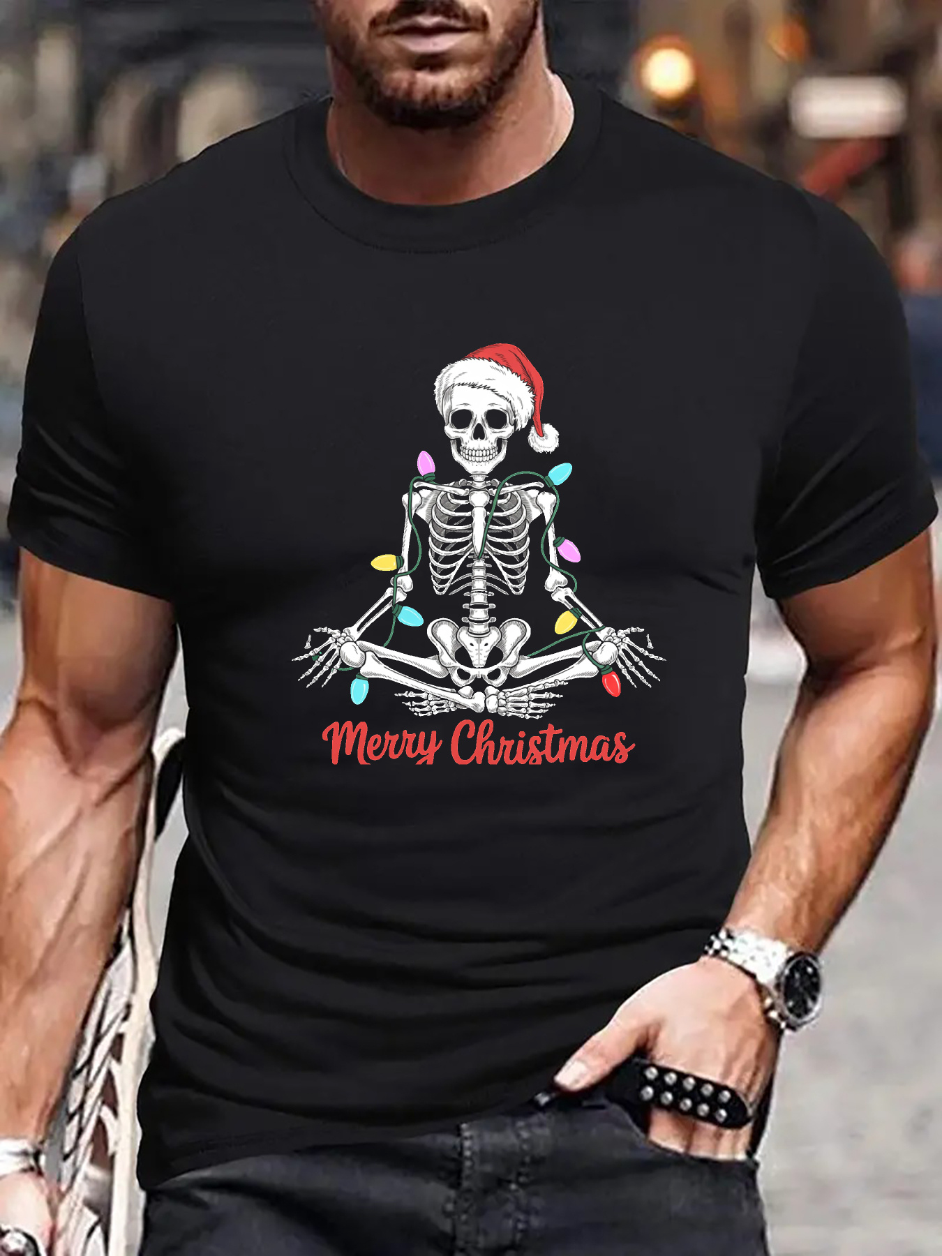 Men's Graphic T-Shirt Merry Christmas Skeleton With Colorful Lights Wearing Santa Hat