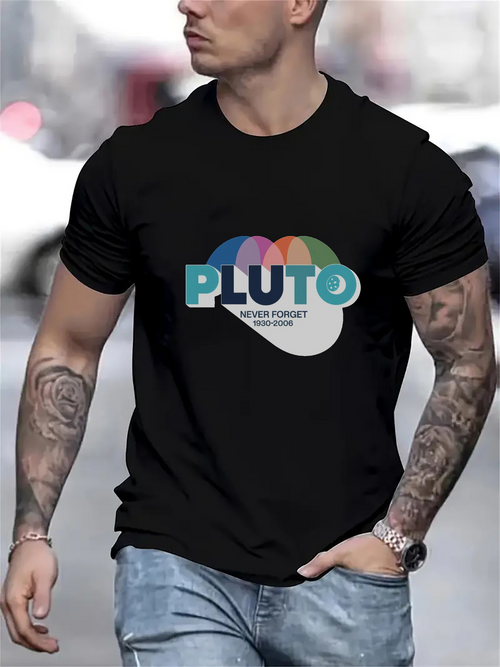 Men's Graphic T-Shirt Pluto Text Overlapping Circles With Subtle Retro Color Overlays Planet