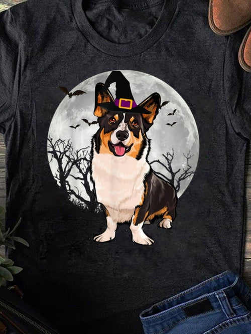 Men's Graphic T-Shirt Spooky Moon With Witch Hat And Enchanted Night Corgi Dog
