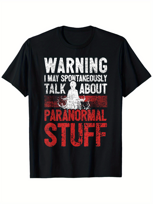 Men's Graphic T-Shirt Warning Spontaneously Talk About Paranormal Stuff With Ghostly Red Shadows