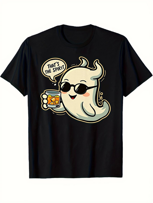 Men's Graphic T-Shirt Thats The Spirit Smiling Cartoon Ghost With Sunglasses Holding Drink