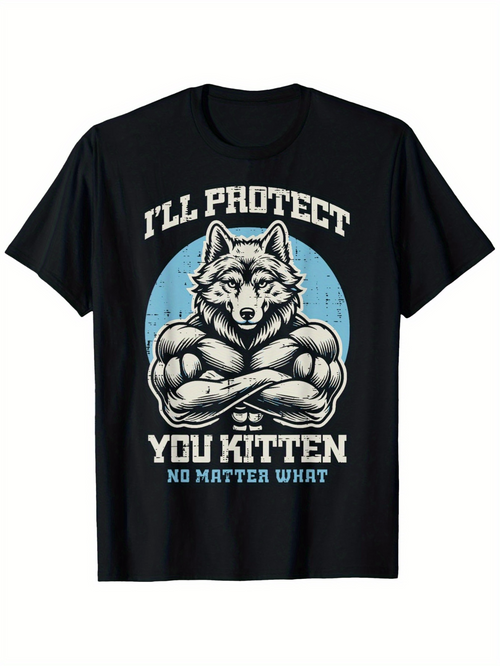 Men's Graphic T-Shirt Ill Protect You Kitten Strong Wolf With Arms Folded Under Blue Moonlight