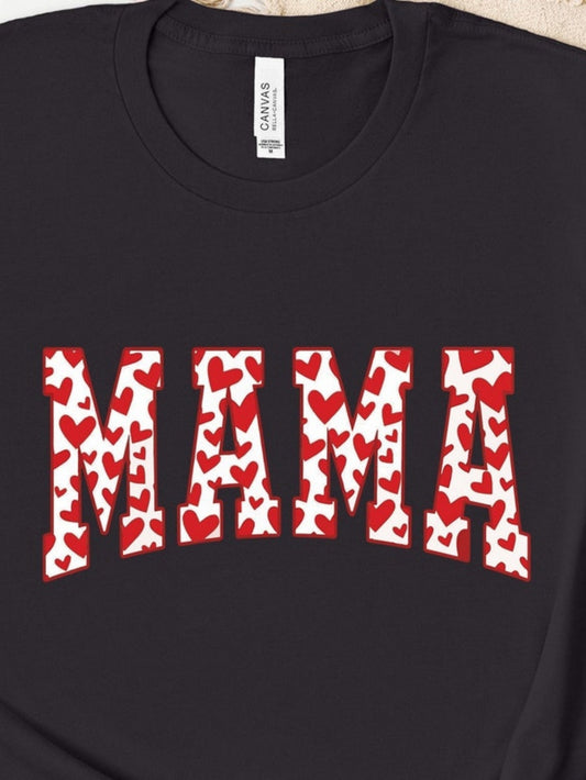 Women's Graphic T-Shirt Mama Scattered Red And White Hearts Spelling Mama Text