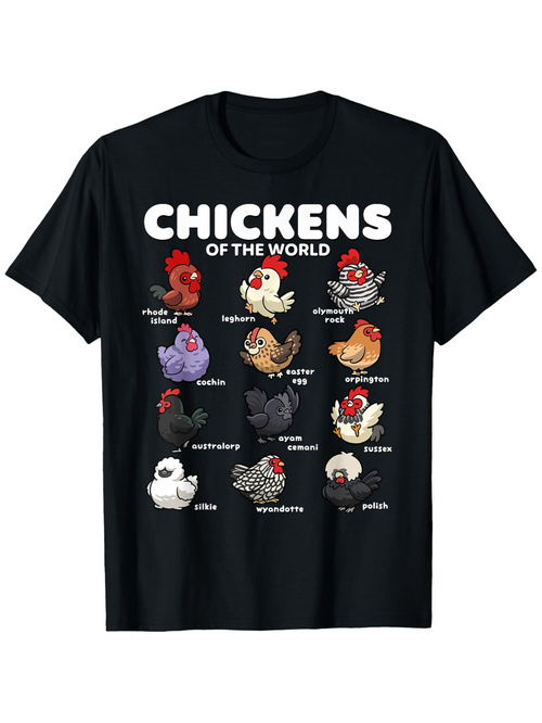 Men's Graphic T-Shirt Chickens Of The World Illustrated Farmyard Breeds On Black T Shirt