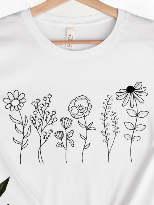 Men's Graphic T-Shirt Whimsical Delicate Linework Flowers Blooming Across The White Cotton Tee