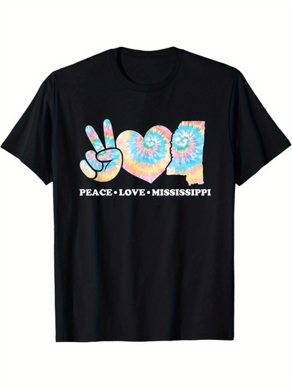 Men's Graphic T-Shirt Peace Love Mississippi Tie Dye Icons Over Black T Shirt