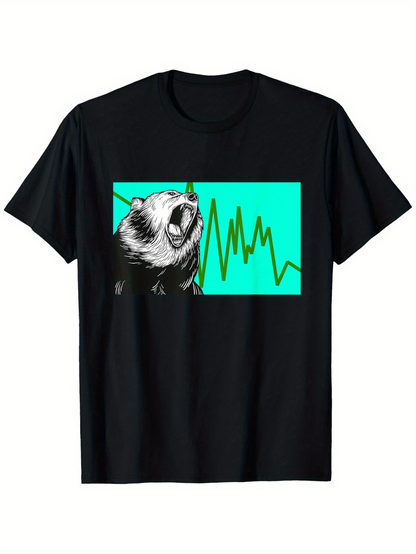 Men's Graphic T-Shirt Vibrant Green Soundwave Over Roaring Bear Graphic Illustration