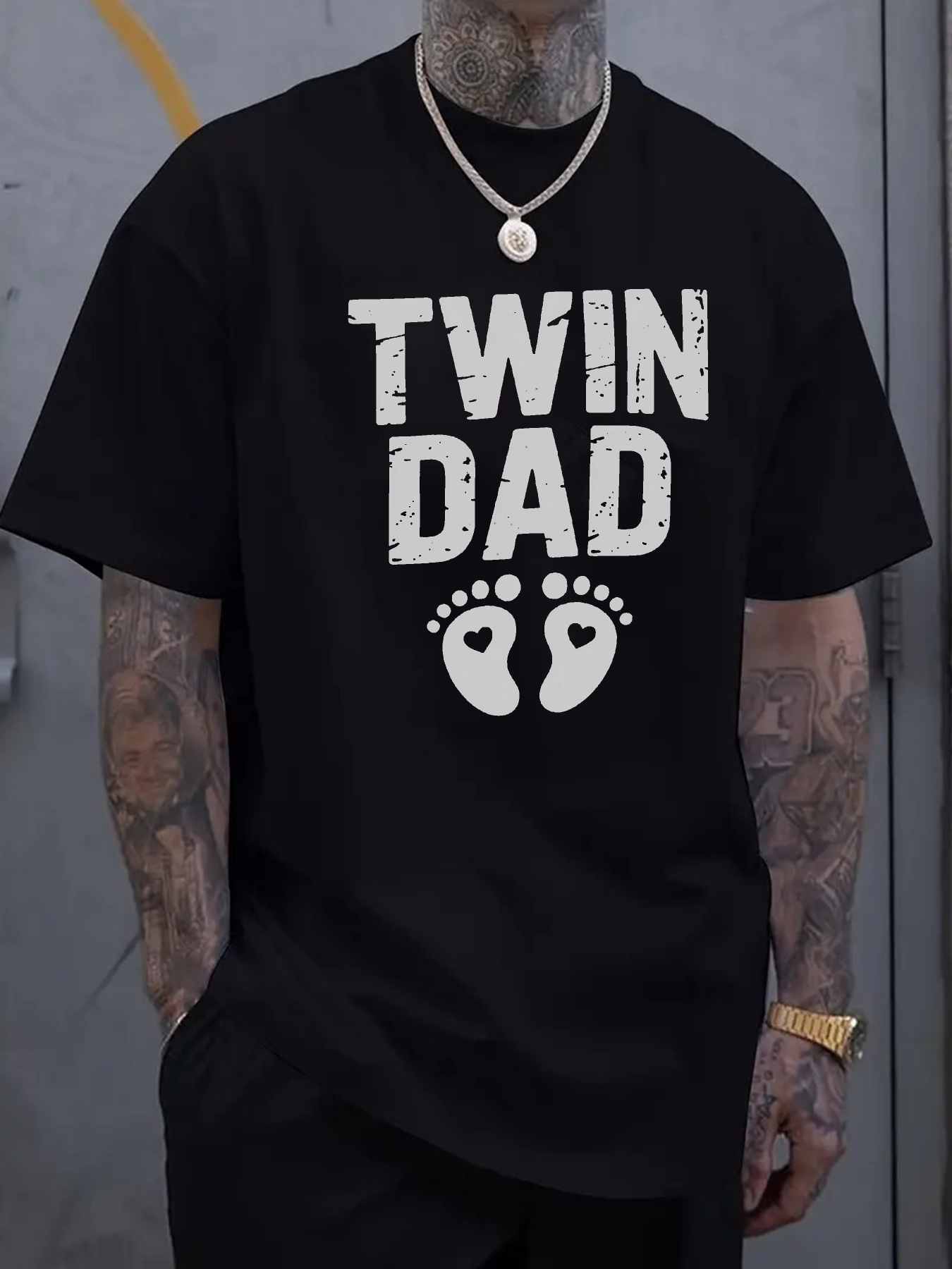 Men's Graphic T-Shirt Twin Dad Playful Baby Footprints With Bold Fun Typography T Shirt