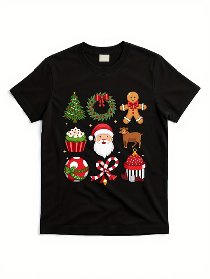 Men's Graphic T-Shirt Christmas Treats With Santa Claus Reindeer Gingerbread And Festive Ornaments