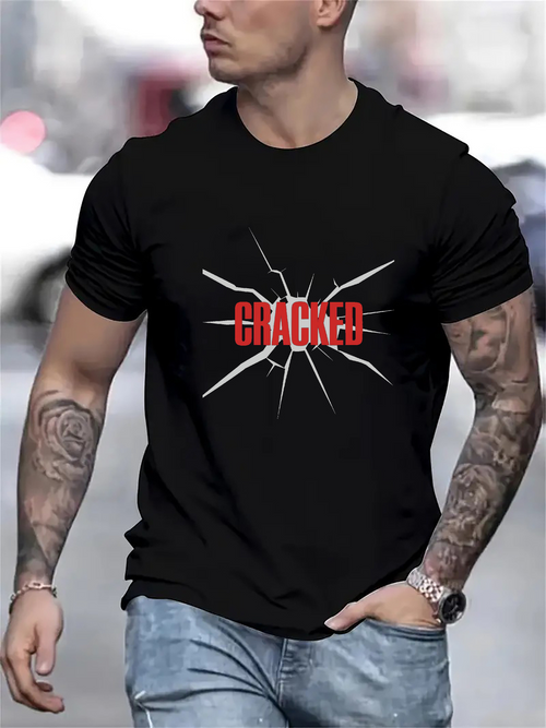 Men's Graphic T-Shirt Cracked Red Neon Letters Over Shattered Glass Black T Shirt