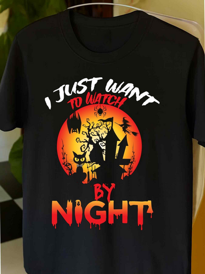 Men's Graphic T-Shirt I Just Want To Watch Glowing Orange Moon With Haunted Trees And Spooky House Cat