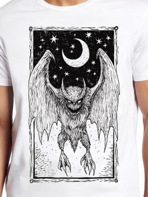 Men's Graphic T-Shirt Night Sky With Stars Crescent Moon And Winged Demon Creature