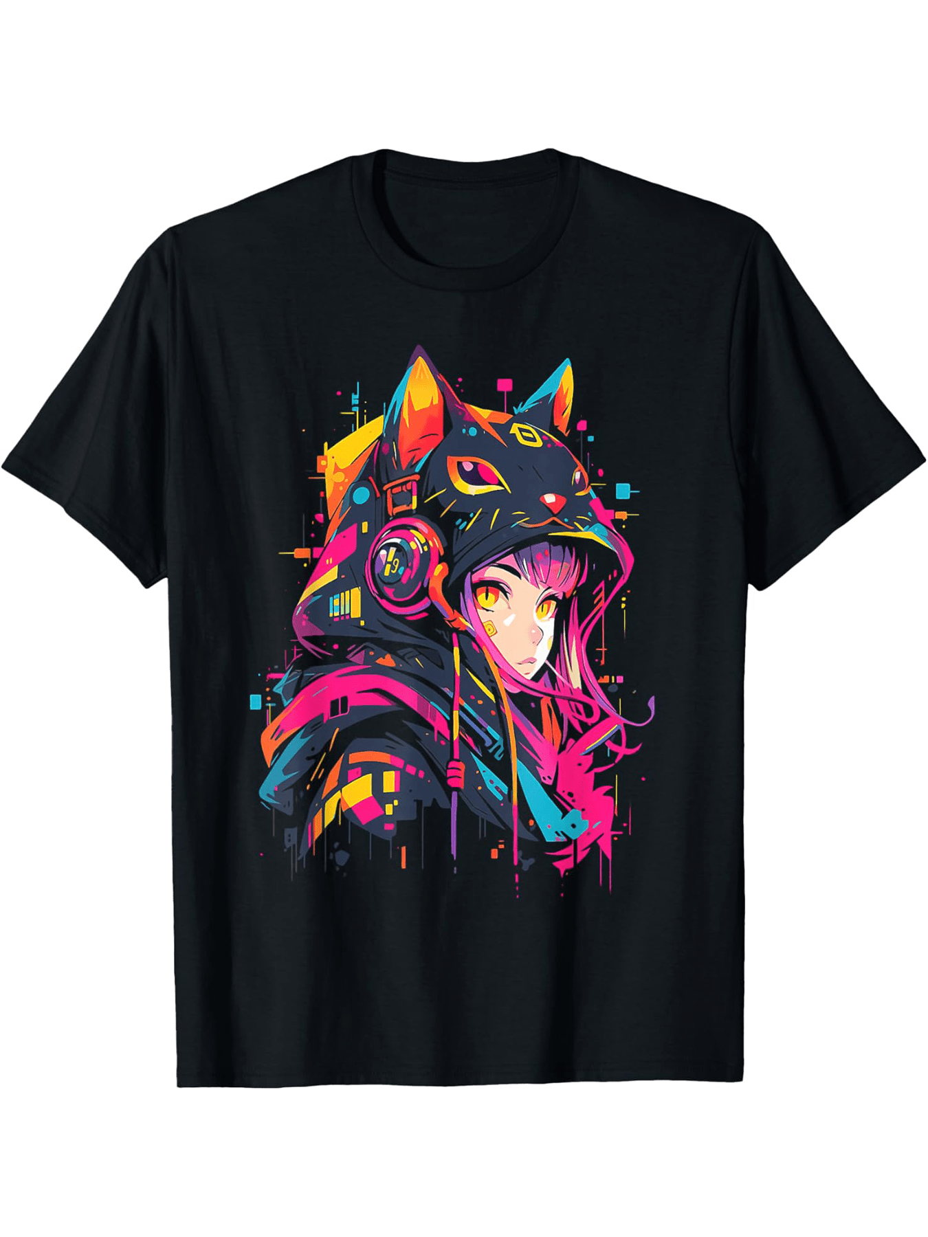 Men's Graphic T-Shirt Vibrant Neon Lights With Futuristic Cat Ear Headphones Anime Girl