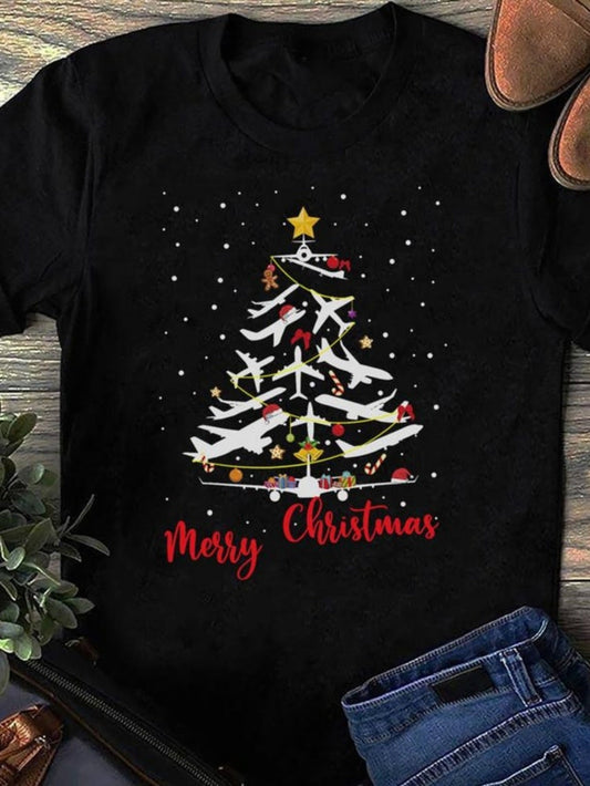 Women's Graphic T-Shirt Merry Christmas Snowflakes With Silhouettes Flying Around Pine Tree