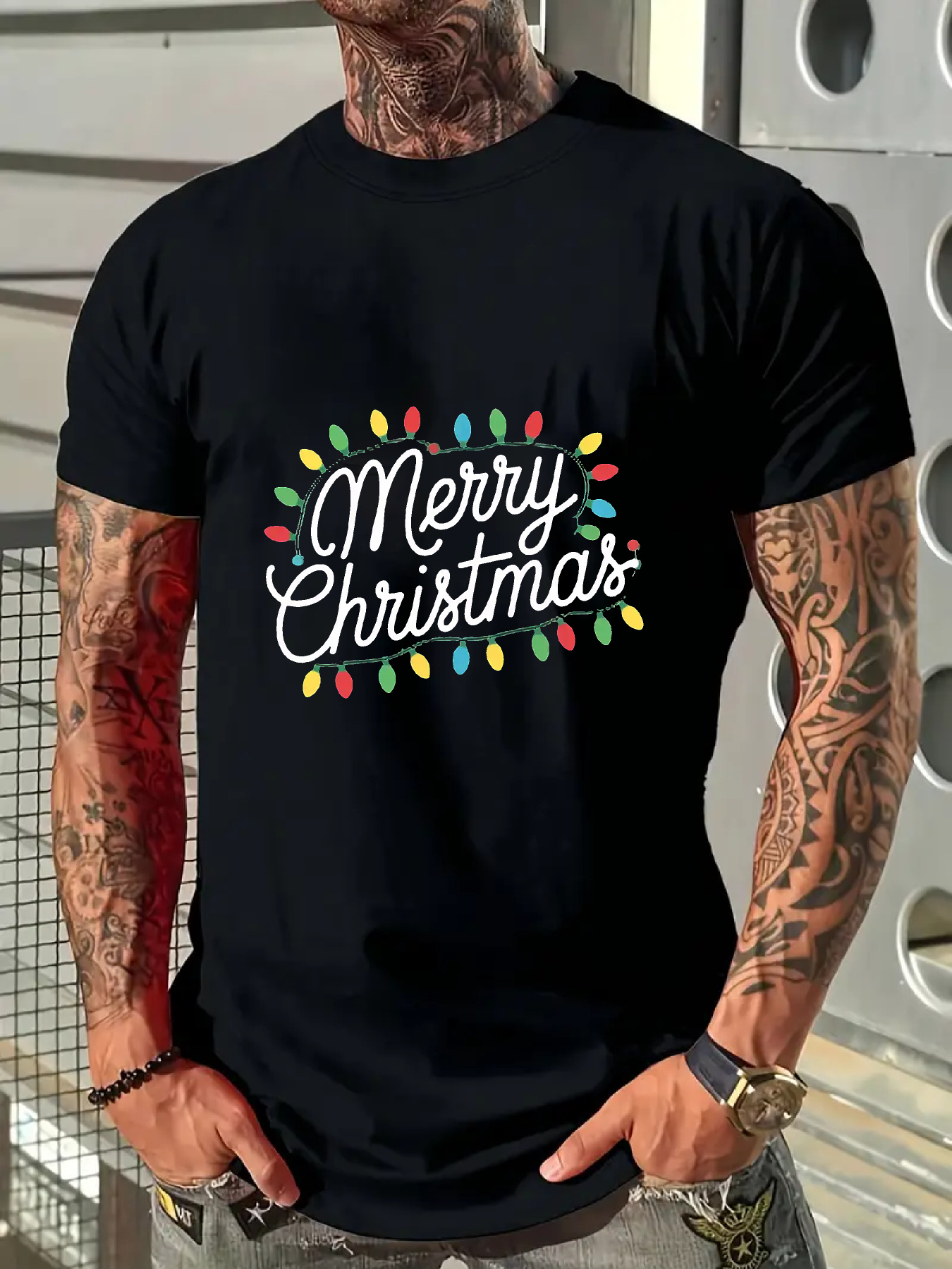 Men's Graphic T-Shirt Merry Christmas Festive Multicolored Lights Encircling Cheerful Holiday Words