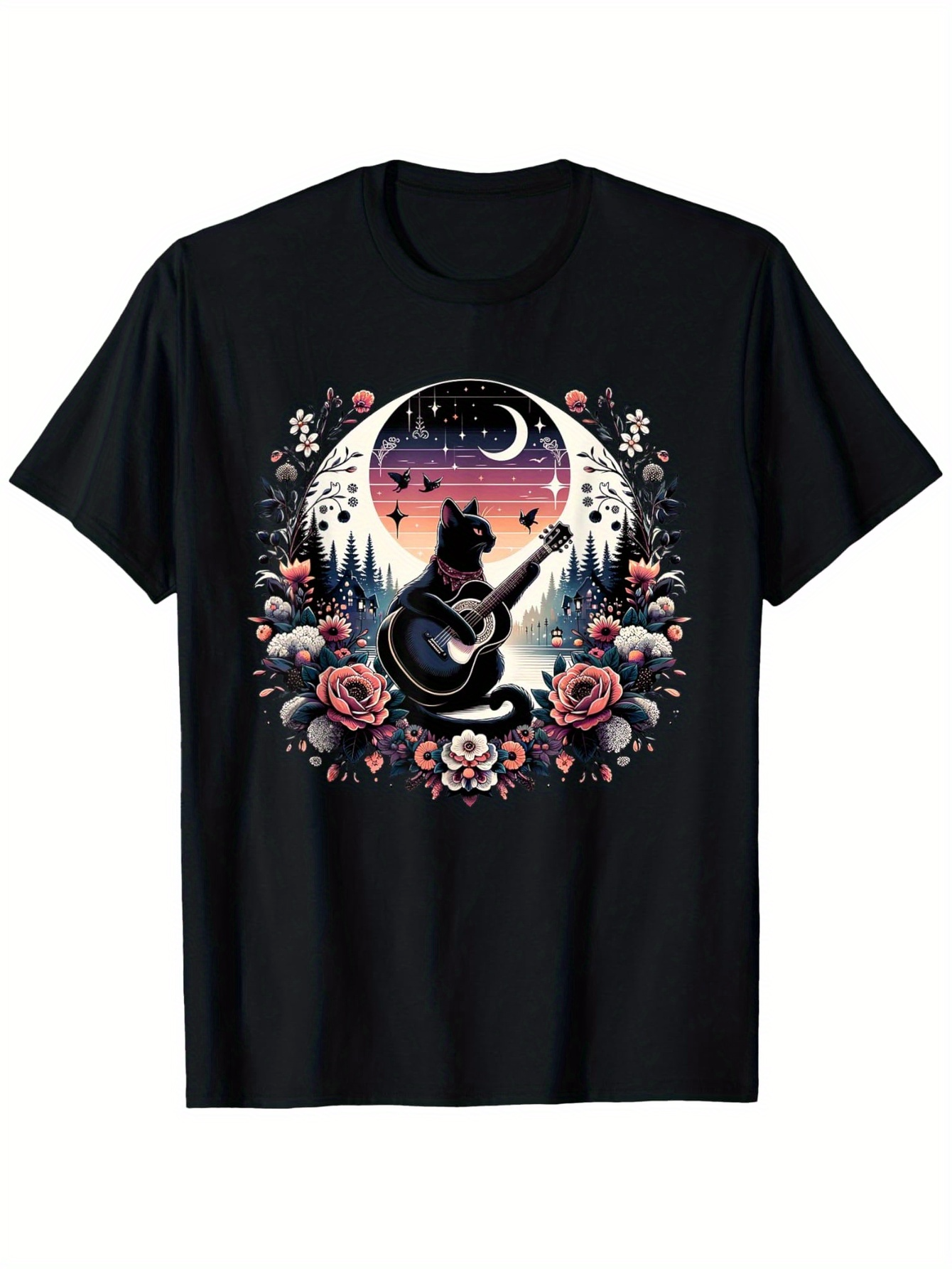Men's Graphic T-Shirt Twilight Forest With Roses Moonlight And Guitar Playing Cat