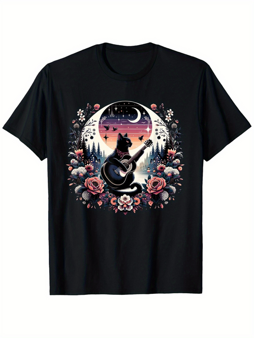 Men's Graphic T-Shirt Twilight Forest With Roses Moonlight And Guitar Playing Cat