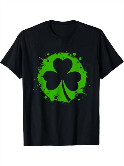 Men's Graphic T-Shirt Splattered Green Paint Effect Surrounding Classic Lucky Shamrock Leaf