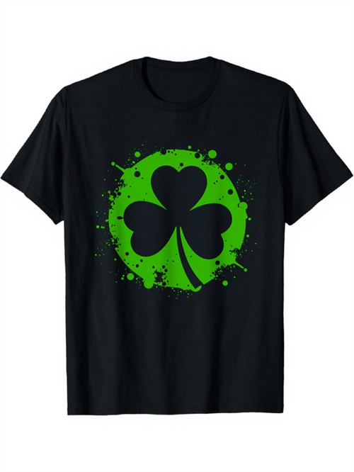 Men's Graphic T-Shirt Splattered Green Paint Effect Surrounding Classic Lucky Shamrock Leaf