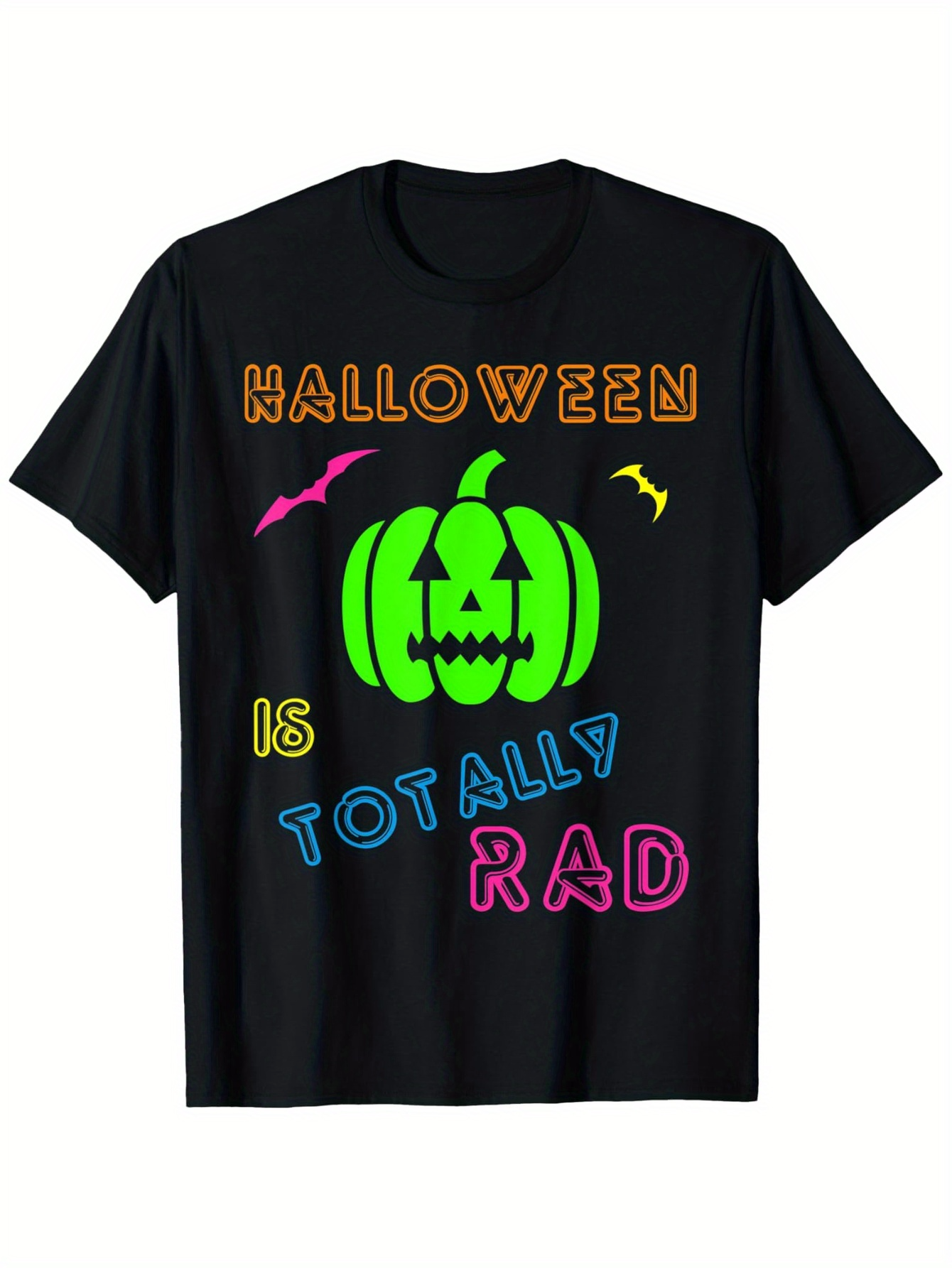 Men's Graphic T-Shirt Halloween Is Totally Rad Neon Pumpkin Surrounded By Bats Under Night Sky