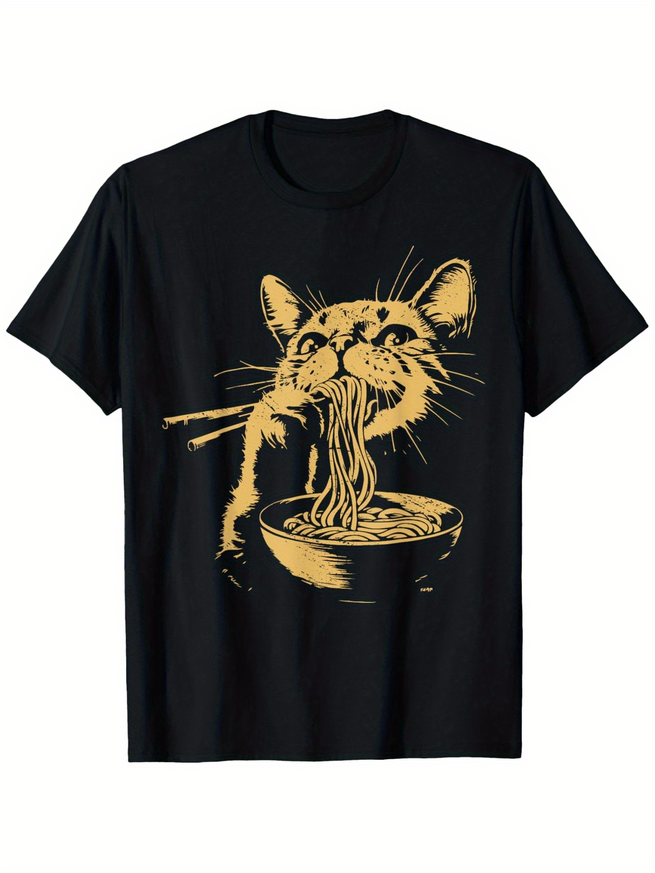 Men's Graphic T-Shirt Playful Cat Enjoying Steamy Ramen Noodles Under Golden Light Cat