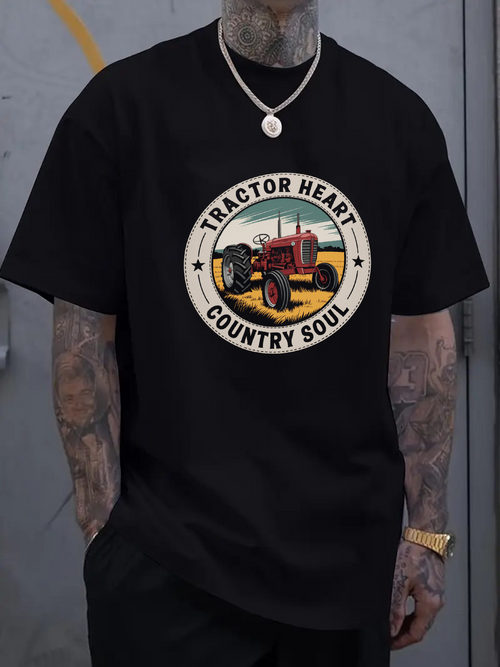 Men's Graphic T-Shirt Tractor Heart Country Soul Vintage Red Classic Farm Tractor