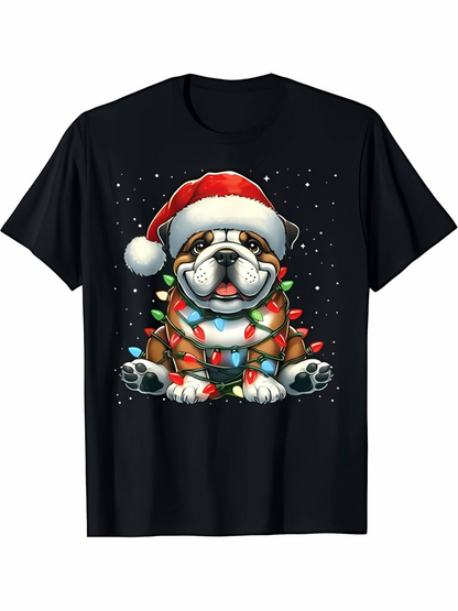 Men's Graphic T-Shirt Colorful Christmas Lights With Santa Hat On Festive Happy Bulldog