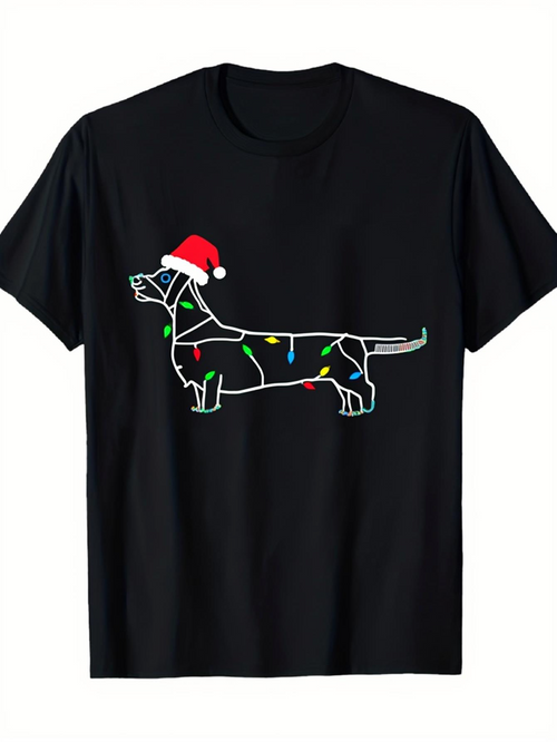 Men's Graphic T-Shirt Holiday Lights String With Santa Hat Dachshund Dog
