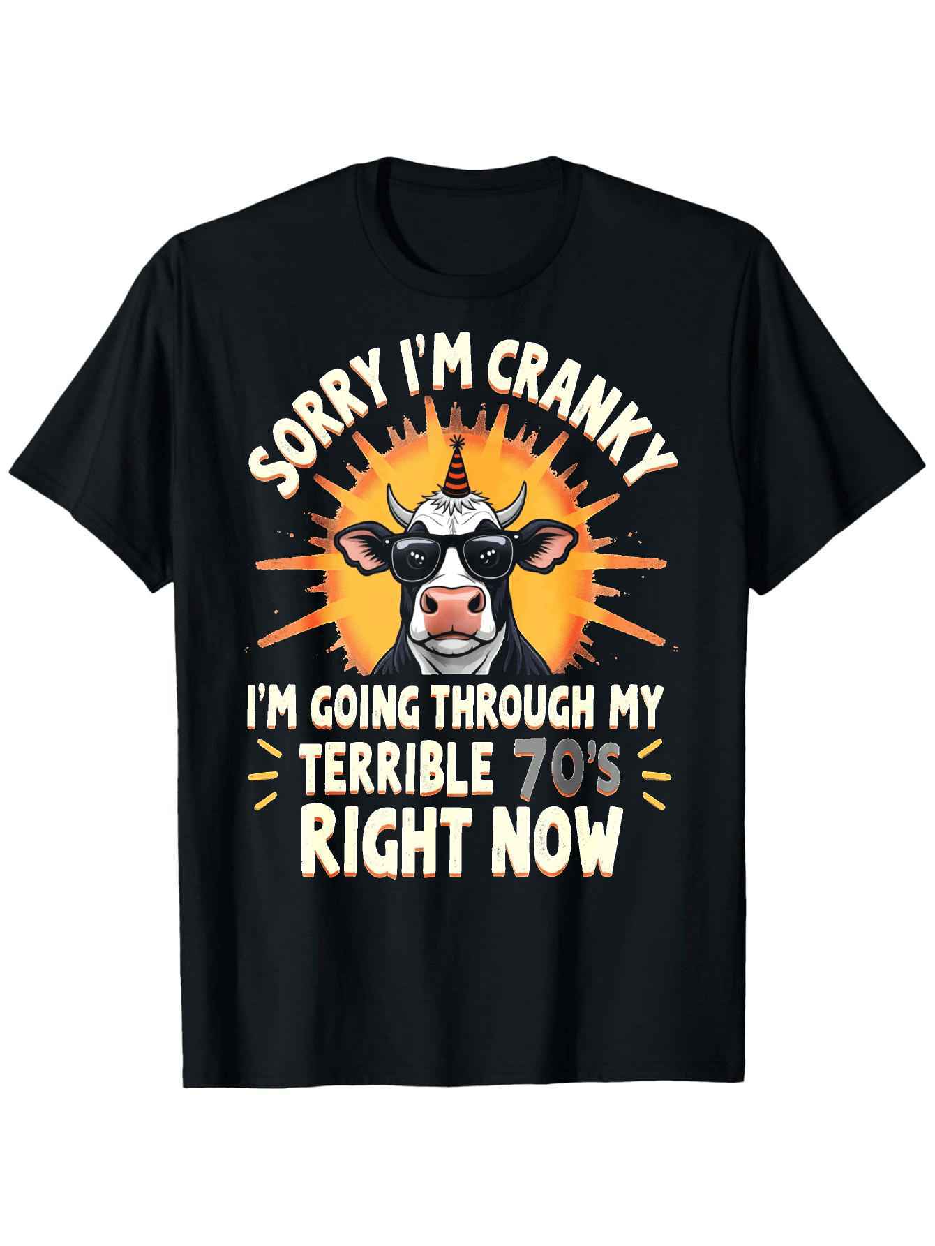 Men's Graphic T-Shirt Sorry Im Cranky With Horned Cow Cartoon And Sunburst Graphic