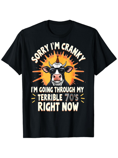 Men's Graphic T-Shirt Sorry Im Cranky With Horned Cow Cartoon And Sunburst Graphic