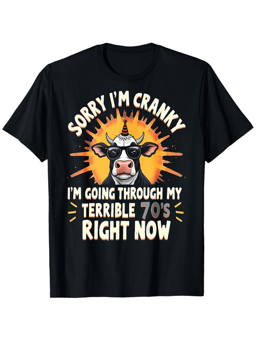 Men's Graphic T-Shirt Sorry Im Cranky With Horned Cow Cartoon And Sunburst Graphic
