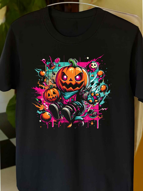 Men's Graphic T-Shirt Neon Splatter With Pumpkins And Spooky Halloween Figure