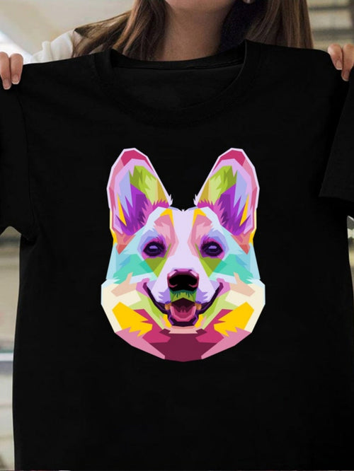 Women's Graphic T-Shirt Colorful Vibrant Polygon Art With Smiling Dog Portrait