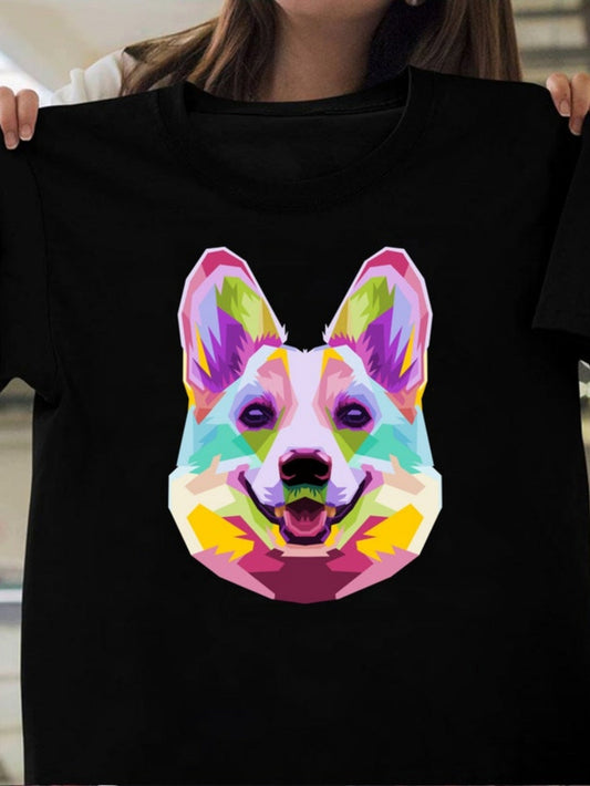 Women's Graphic T-Shirt Colorful Vibrant Polygon Art With Smiling Dog Portrait