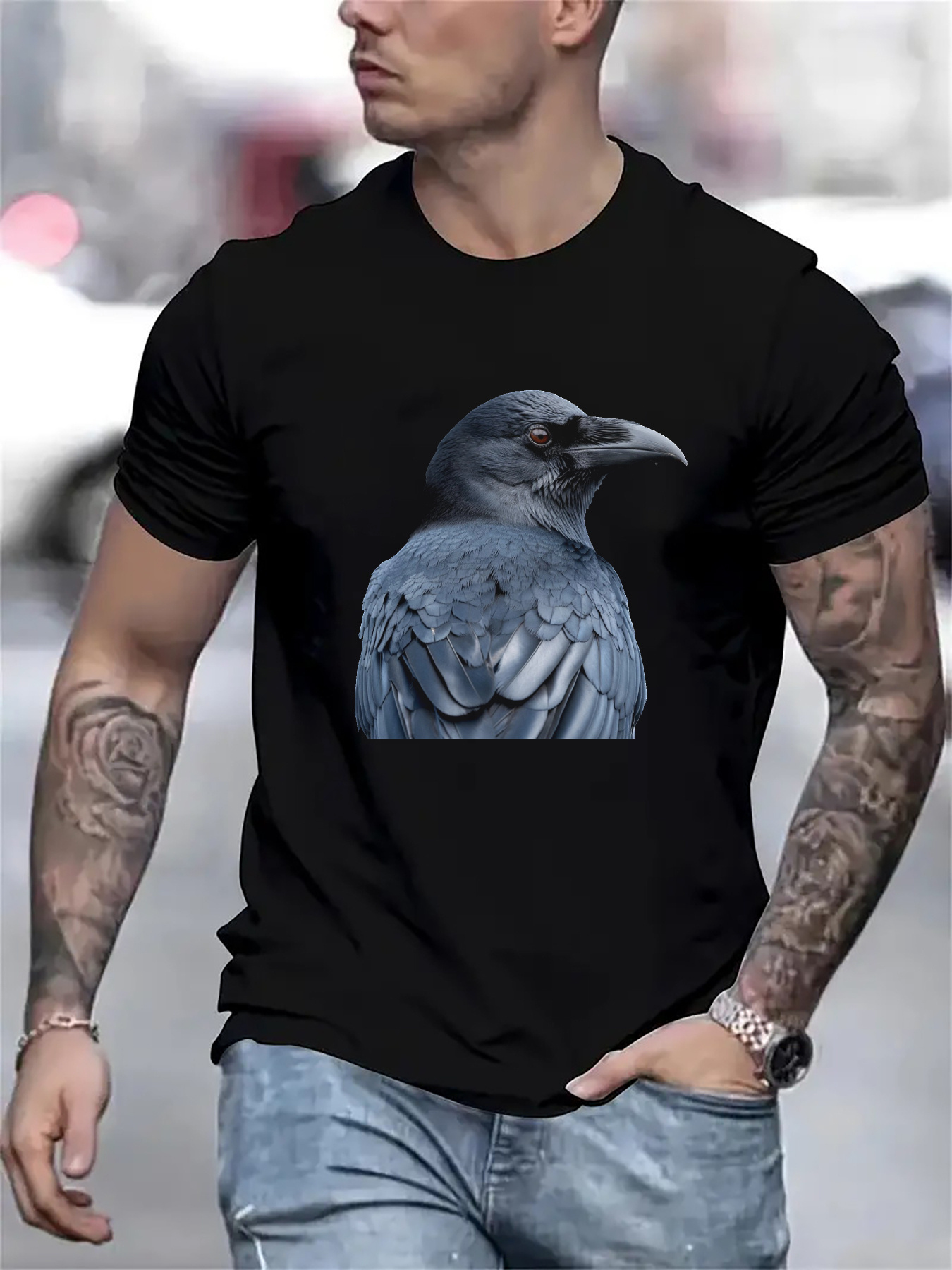 Men's Graphic T-Shirt Urban Grayscale Raven Under Subtle City Light Raven