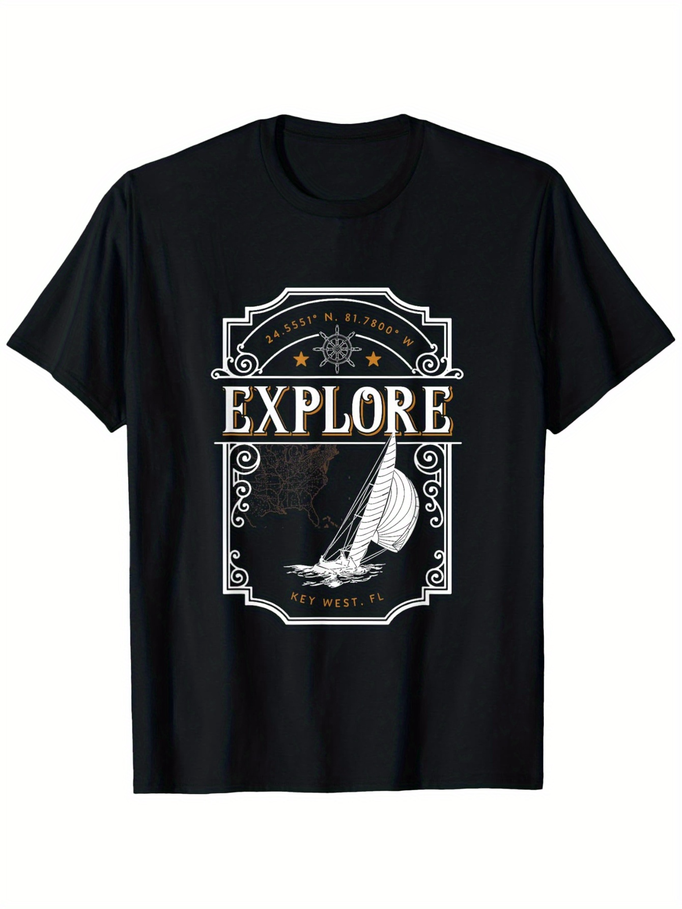 Men's Graphic T-Shirt Explore Vintage Nautical Label With Stars Sailboat Under Night Sky