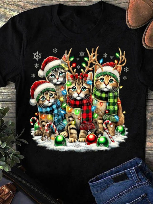 Women's Graphic T-Shirt Playful Winter Cats Wearing Antlers Amid Christmas Ornaments In Snowy Scene Cat