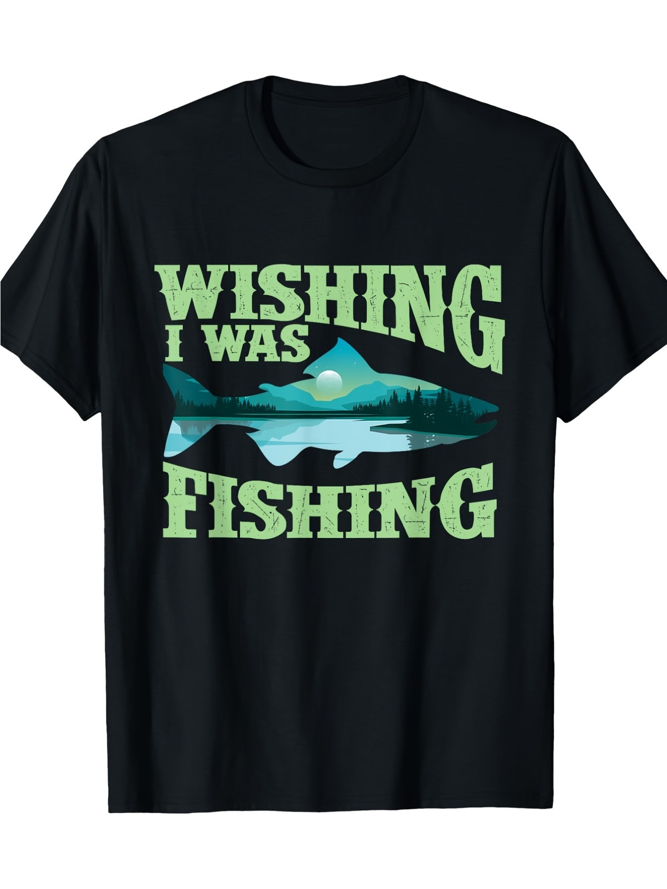 Men's Graphic T-Shirt Wishing I Was Fishing Lake Silhouette Under Full Moon With Jumping Fish